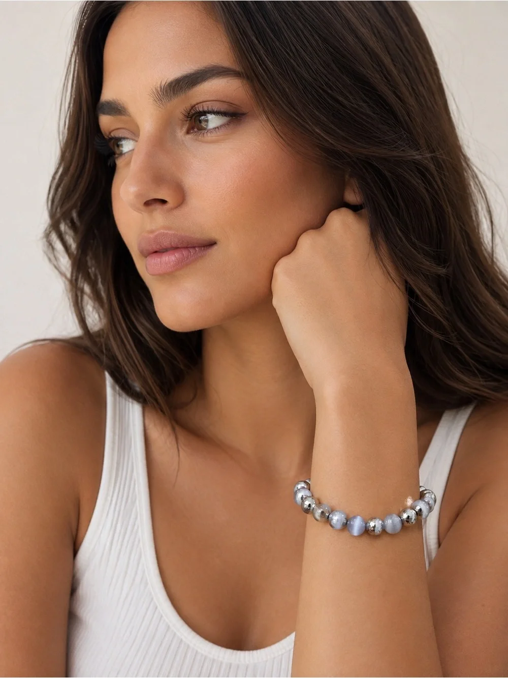 Silver and Light Blue Beaded Stretch Bracelet • BRAND NEW